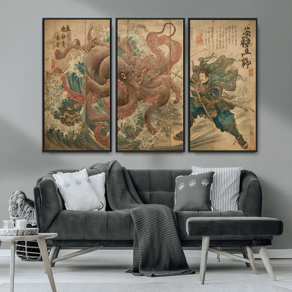 63782167-MGV-CV-36X24-Tsukioka Yoshitoshi Samurai Wall Art Print, Japanese Katana Warrior Canvas Wall Art, Octopus Sea Monster Canvas Print,