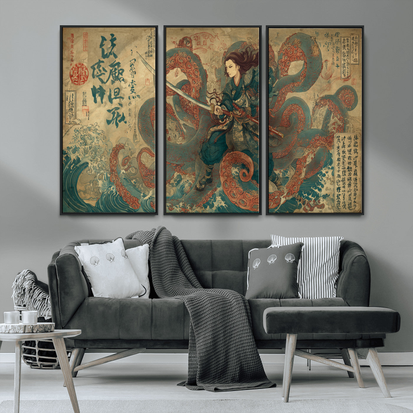 98593115-MGV-CV-36X24-Tsukioka Yoshitoshi Samurai Wall Art Print, Japanese Katana Warrior Canvas Wall Art, Octopus Sea Monster Canvas Print,