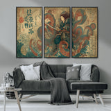 98593115-MGV-CV-36X24-Samurai Warrior vs Octopus Wall Art – Japanese Ukiyo-e Calligraphy Canvas Print, Ocean Battle Scene Artwork for Living Room,