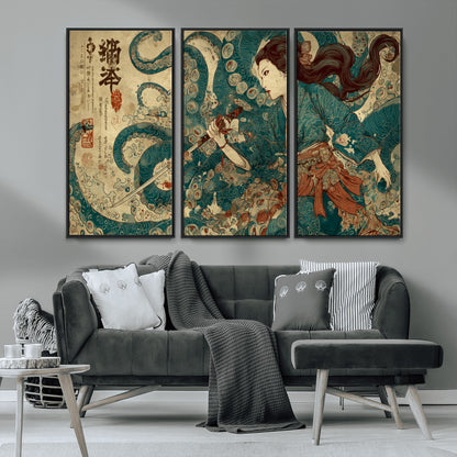 18575670-MGV-CV-36X24-Tsukioka Yoshitoshi Samurai Wall Art Print, Japanese Katana Warrior Canvas Wall Art, Octopus Sea Monster Canvas Print,