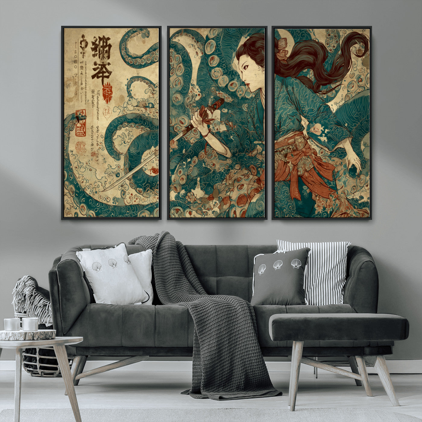 18575670-MGV-CV-36X24-Samurai Woman vs Octopus Wall Art – Japanese Ukiyo-e Ocean Battle Canvas Print, Traditional Warrior Artwork for Living Room,