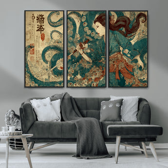 18575670-MGV-CV-36X24-Samurai Woman vs Octopus Wall Art – Japanese Ukiyo-e Ocean Battle Canvas Print, Traditional Warrior Artwork for Living Room,