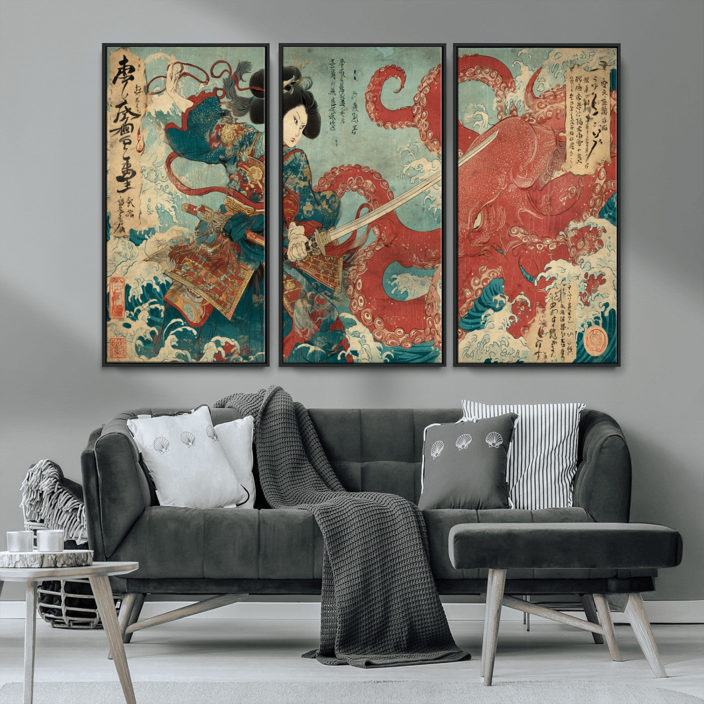 68844327-MGV-CV-36X24-Tsukioka Yoshitoshi Samurai Wall Art Print, Japanese Katana Warrior Canvas Wall Art, Octopus Sea Monster Canvas Print,