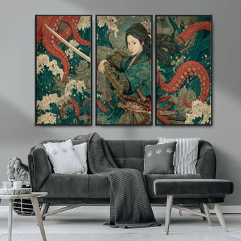 35461724-MGV-CV-36X24-Samurai Woman vs Octopus Wall Art – Japanese Ukiyo-e Ocean Waves Canvas Print, Red Tentacle Battle Artwork for Living Room,