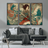 63377977-MGV-CV-36X24-Tsukioka Yoshitoshi Samurai Wall Art Print, Japanese Katana Warrior Canvas Wall Art, Octopus Sea Monster Canvas Print,