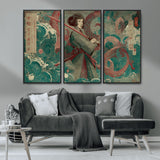 91666601-MGV-CV-36X24-Samurai Woman vs Octopus Wall Art – Japanese Ukiyo-e Green Robe Canvas Print, Ocean Battle Artwork for Living Room, Office, Man