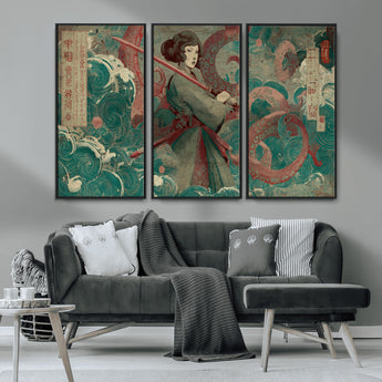 91666601-MGV-CV-36X24-Samurai Woman vs Octopus Wall Art – Japanese Ukiyo-e Green Robe Canvas Print, Ocean Battle Artwork for Living Room, Office, Man