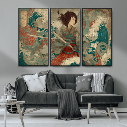 37797255-MGV-FC-48X32-3P_Black-Samurai Woman vs Octopus Wall Art – Japanese Ukiyo-e Red Armor Ocean Battle Canvas Print, Warrior Artwork for Living Room, Office,