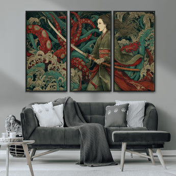 18902796-MGV-CV-36X24-Samurai Woman vs Octopus Wall Art – Japanese Ukiyo-e Green Kimono Canvas Print, Ocean Battle Scene Artwork for Living Room,