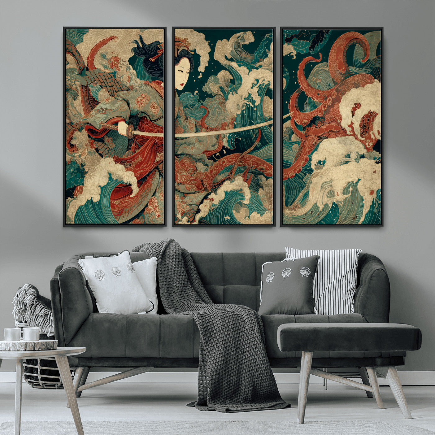 30212982-MGV-CV-36X24-Samurai Woman vs Octopus Wall Art – Japanese Ukiyo-e Style Warrior and Sea Monster Canvas Print, Mythology Inspired Artwork for