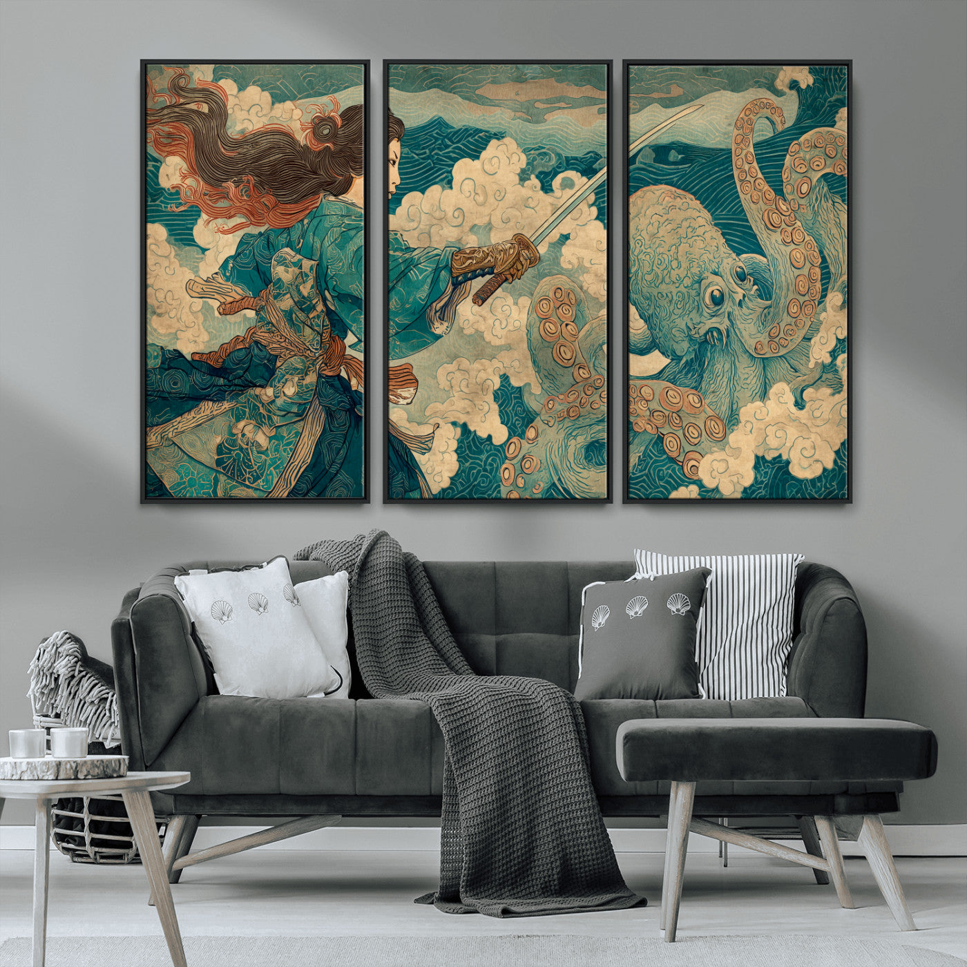 99764195-MGV-CV-36X24-Samurai vs Octopus Wall Art – Japanese Ukiyo-e Style Warrior and Sea Monster Canvas Print, Mythology Inspired Artwork for Living