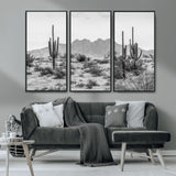 97436PHN-MGV-CV-36X24-Desert Landscape Wall Art – Black and White Cactus and Mountain Canvas Print, Southwestern Nature Photography for Living Room,