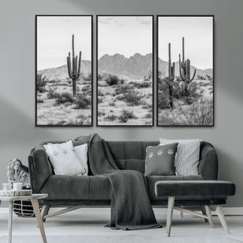 97436PHN-MGV-CV-36X24-Desert Landscape Wall Art – Black and White Cactus and Mountain Canvas Print, Southwestern Nature Photography for Living Room,