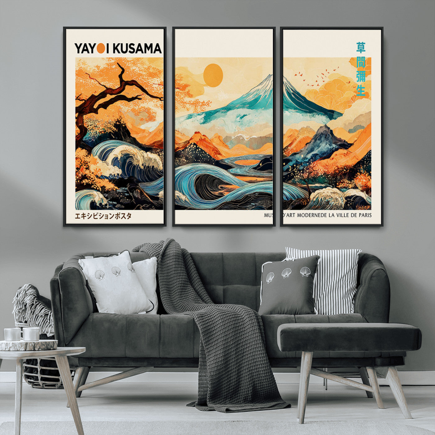 94085549-MGV-CV-36X24-Yayoi Kusama Inspired Japanese Landscape Art Print – Vibrant Mount Fuji, Waves & Autumn Trees, Modern Decorative Poster for