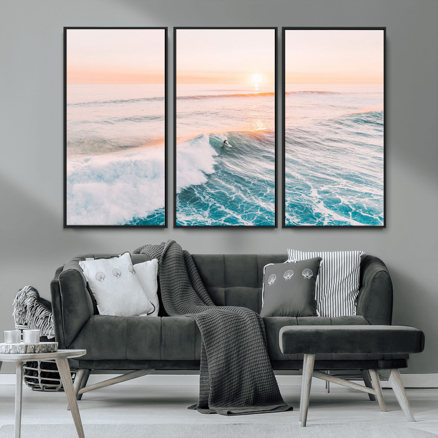 34064591-MGV-CV-36X24-Surfing Wall Art – Sunset Ocean Wave Canvas Print, Surfer Riding Sea Photography Decor for Bedroom, Living Room, Office, Coastal