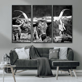 15425553-MGV-CV-36X24-Western Wall Art – Longhorn Cattle Black and White Canvas Print, Rustic Ranch Photography Decor for Bedroom, Living Room, Office,