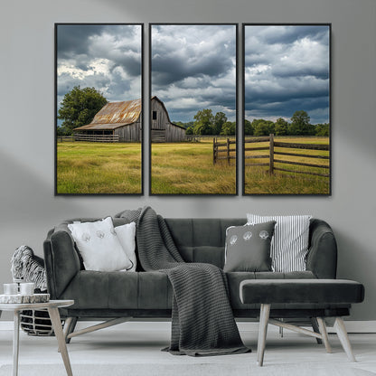39409517-MGV-CV-36X24-Rustic Barn Wall Art – Weathered Farmhouse and Storm Clouds Canvas Print, Country Landscape Photography Decor for Bedroom, Living