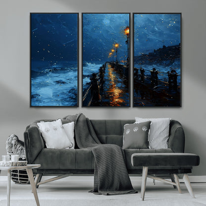 48300530-MGV-FC-48X32-3P_Black-Night Pier Wall Art – Moody Ocean Boardwalk Canvas Print, Impressionist Coastal Seascape Painting Decor for Living Room, Office,