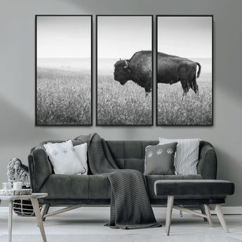 90861202-MGV-FC-48X32-3P_Black-Black and White Bison Canvas Wall Art – Rustic American Buffalo Print, Western Wildlife Photography for Farmhouse, Cabin, Office