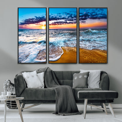 24077769-MGV-CV-36X24-Sunset Beach Wall Art – Ocean Waves Canvas Print, Golden Shoreline Photography Coastal Decor for Living Room, Bedroom, Office,