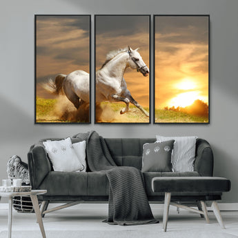 67478480-MGV-CV-36X24-White Horse Running at Sunset Wall Art – Majestic Equestrian Photography Print, Rustic Farmhouse Decor, Golden Sky Horse Lover