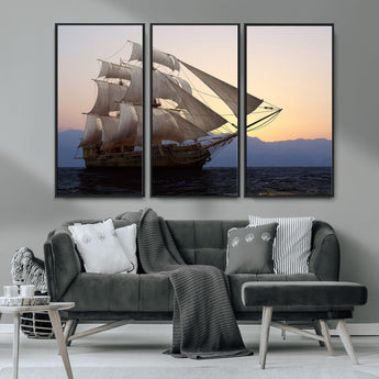 99957679-MGV-FC-48X32-3P_Black-Majestic Sailing Ship Wall Art – Sunset Ocean Voyage, Classic Tall Ship with Wind Filled Sails Canvas Print for Home, Office,