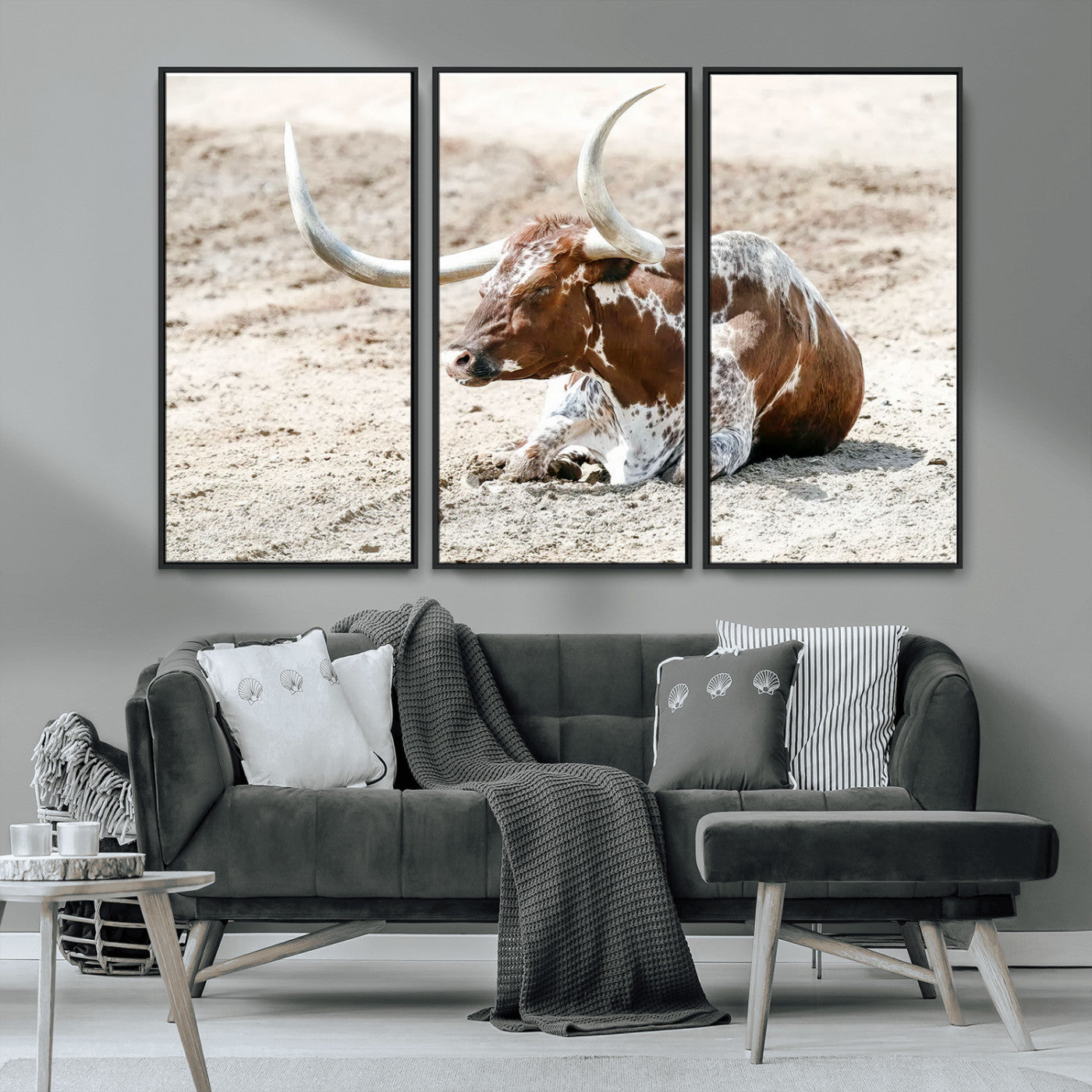 89096667-MGV-FC-48X32-3P_Black-Texas Longhorn Wall Art – Rustic Western Canvas Print, Cattle Photography Decor for Ranch House, Living Room, Office, Man Cave