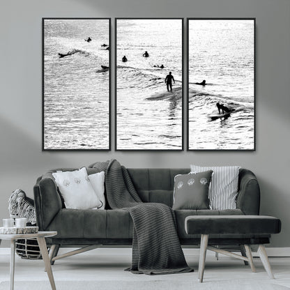68018616-MGV-FC-48X32-3P_Black-Black and White Surf Photography Print – Minimalist Ocean Wall Art, Surfers Riding Waves, Coastal Beach Decor for Modern Home or