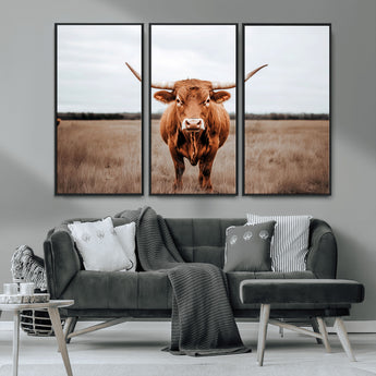 16316734-MGV-CV-36X24-Texas Longhorn Wall Art – Rustic Bull Portrait Canvas Print, Western Farmhouse Animal Photography Decor for Living Room, Office,