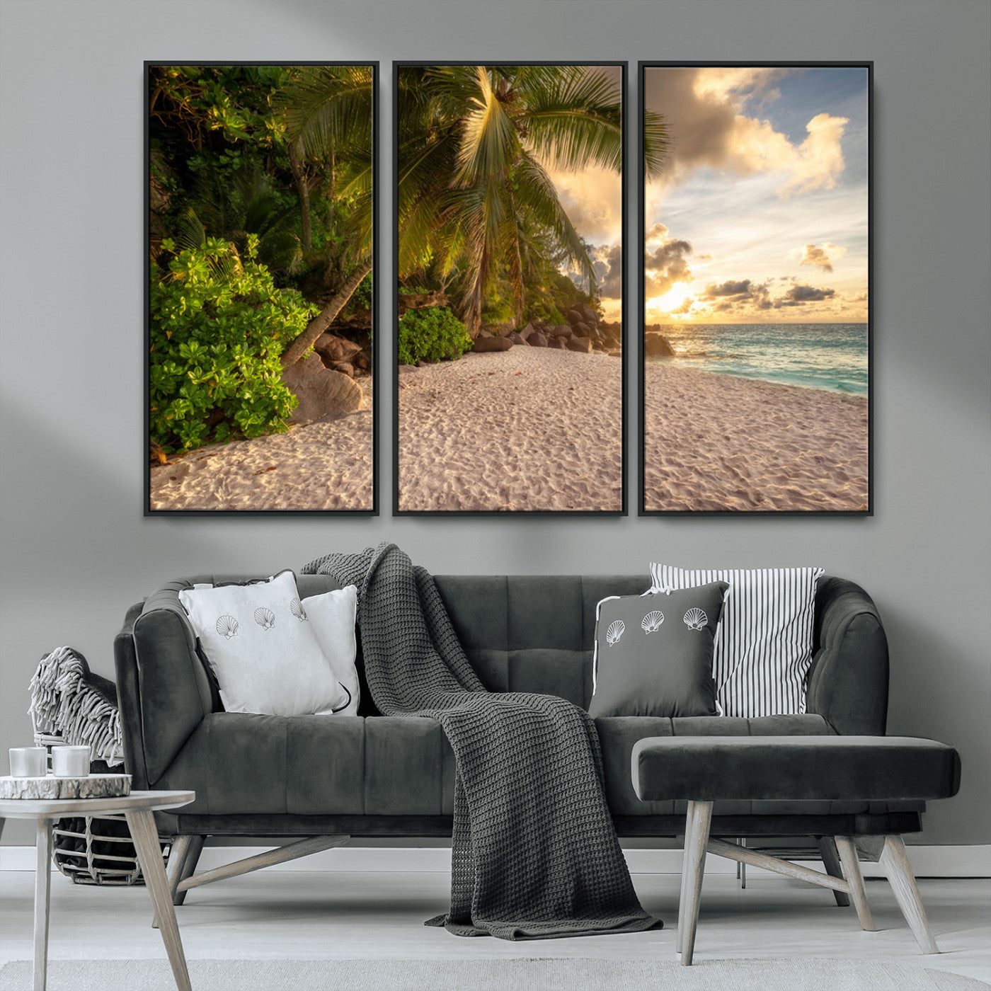 89531159-MGV-CV-36X24-Tropical Beach Sunset Canvas Wall Art – Palm Trees Golden Sand Ocean Waves Coastal Paradise Print for Beach House Bedroom Bathroom