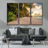 89531159-MGV-CV-36X24-Tropical Beach Sunset Canvas Wall Art – Palm Trees Golden Sand Ocean Waves Coastal Paradise Print for Beach House Bedroom Bathroom