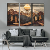 90044381-MGV-CV-36X24-Rustic Wall Art – Wooden Mountain Landscape with Sun and Pine Trees, Handcrafted Nature Canvas Style Decor for Bedroom, Living