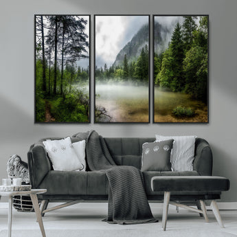 93123937-MGV-CV-36X24-Landscape Wall Art – Misty Mountain Lake Canvas Print, Tranquil Forest and Waterfall Photography Decor for Bedroom, Living Room,