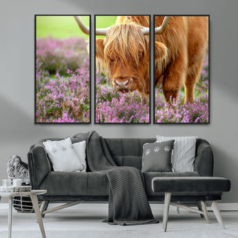 64069351-MGV-CV-36X24-Farmhouse Wall Art – Highland Cow in Wildflowers Canvas Print, Rustic Country Cattle Photography Decor for Bedroom, Living Room,