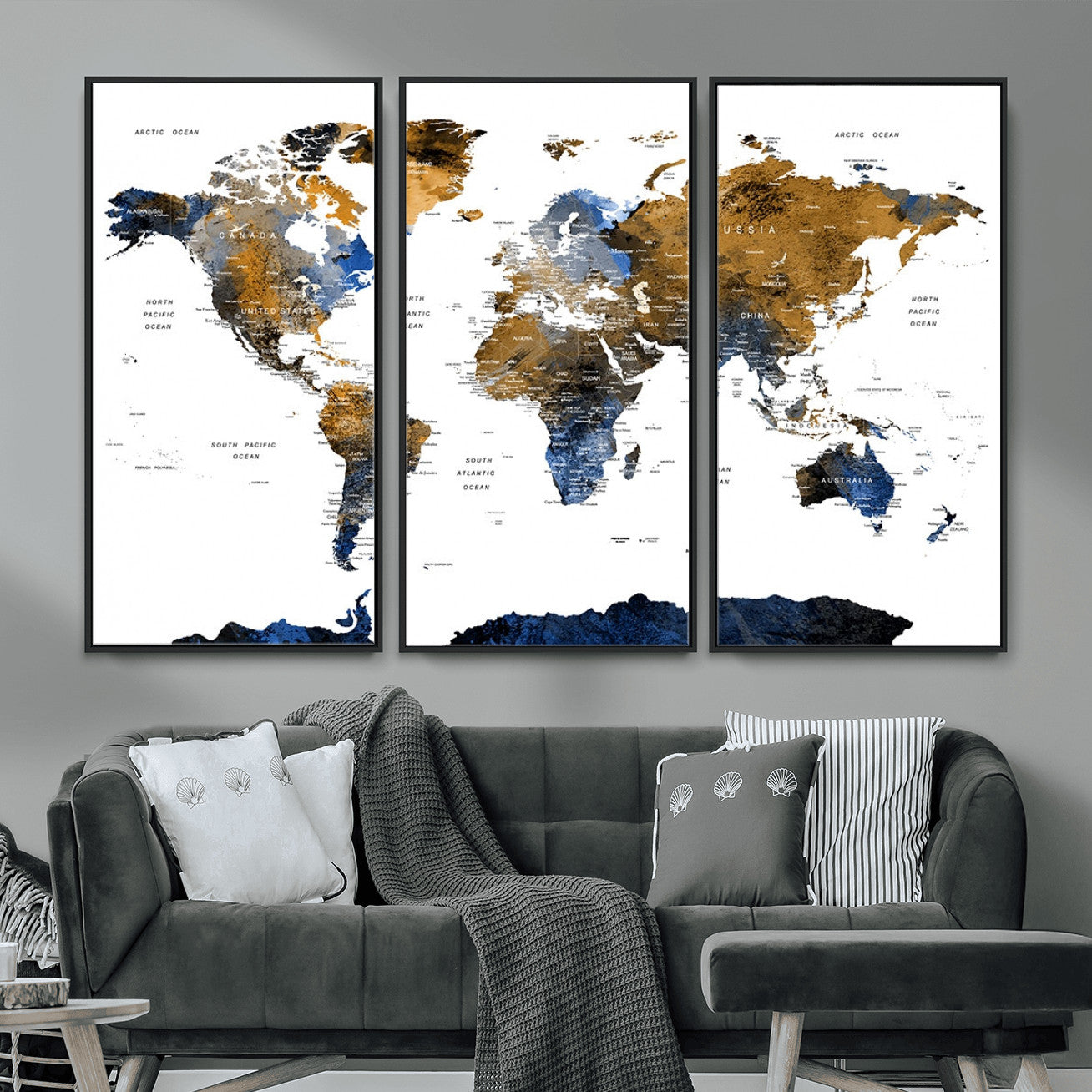 MGV-FC-48X32-3P - World Map Wall Art Canvas Print, Framed Blue Gold Map Art Picture Print, Rustic Atlas Perfect Rustic Modern Decor Artwork