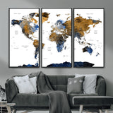MGV-FC-48X32-3P - World Map Wall Art Canvas Print, Framed Blue Gold Map Art Picture Print, Rustic Atlas Perfect Rustic Modern Decor Artwork