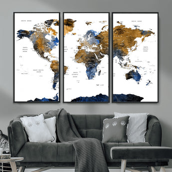 MGV-FC-48X32-3P - World Map Wall Art Canvas Print, Framed Blue Gold Map Art Picture Print, Rustic Atlas Perfect Rustic Modern Decor Artwork