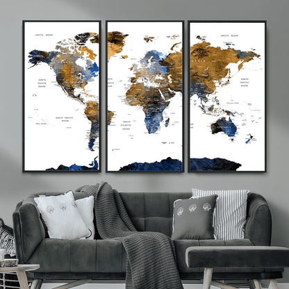 MGV-FC-48X32-3P - World Map Wall Art Canvas Print, Framed Blue Gold Map Art Picture Print, Rustic Atlas Perfect Rustic Modern Decor Artwork