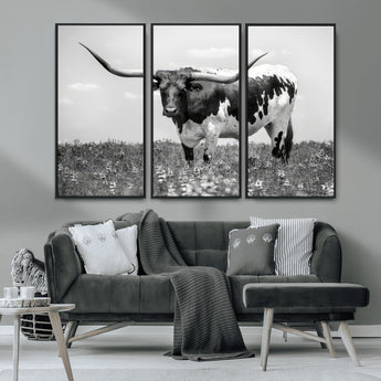 83785-MGV-CV-36X24-Texas Longhorn Wall Art Canvas Print, Framed Horned Bull Art Picture Print, Monochrome Cattle Perfect Rustic Western Decor Artwork