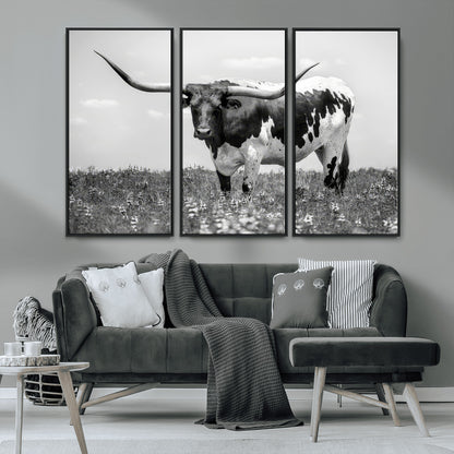 83785-MGV-CV-36X24-Texas Longhorn Wall Art Canvas Print, Framed Horned Bull Art Picture Print, Monochrome Cattle Perfect Rustic Western Decor Artwork