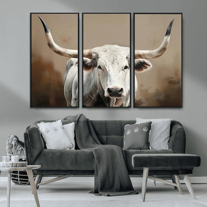 63550-MGV-CV-36X24-Texas Longhorn Wall Art Canvas Print, Framed White Bull Art Picture Print, Horned Cattle Perfect Rustic Western Decor Artwork