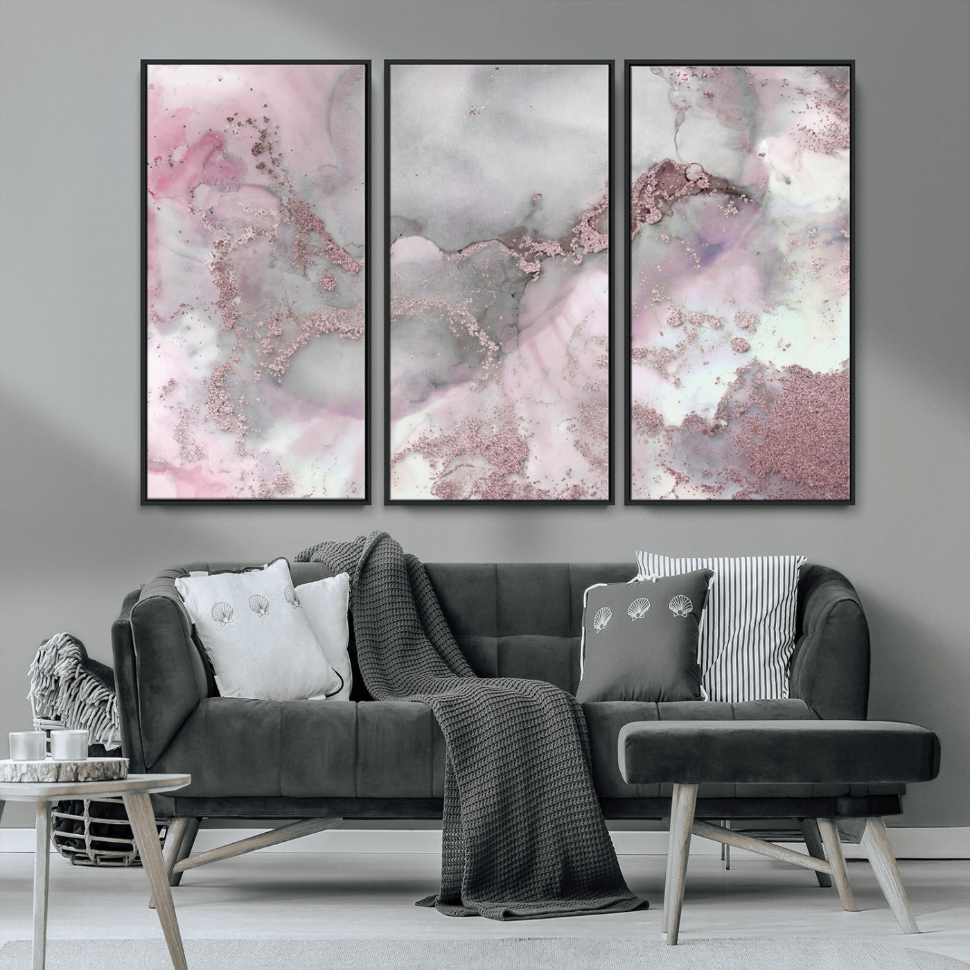 16416-MGV-CV-36X24-Blush Marble Wall Art Canvas Print, Framed Rose Gold Art Picture Print, Pink Cloudy Perfect Modern Glam Decor Artwork