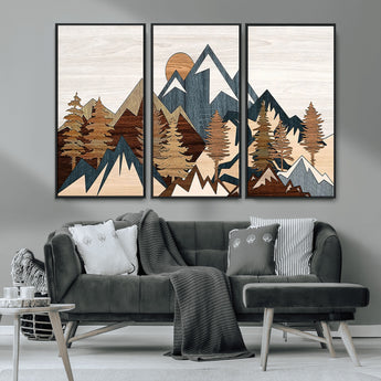 80300-MGV-CV-36X24-Geometric Mountains Wall Art Canvas Print, Framed Stylized Trees Art Picture Print, Graphic Forest Perfect Rustic Abstract Decor