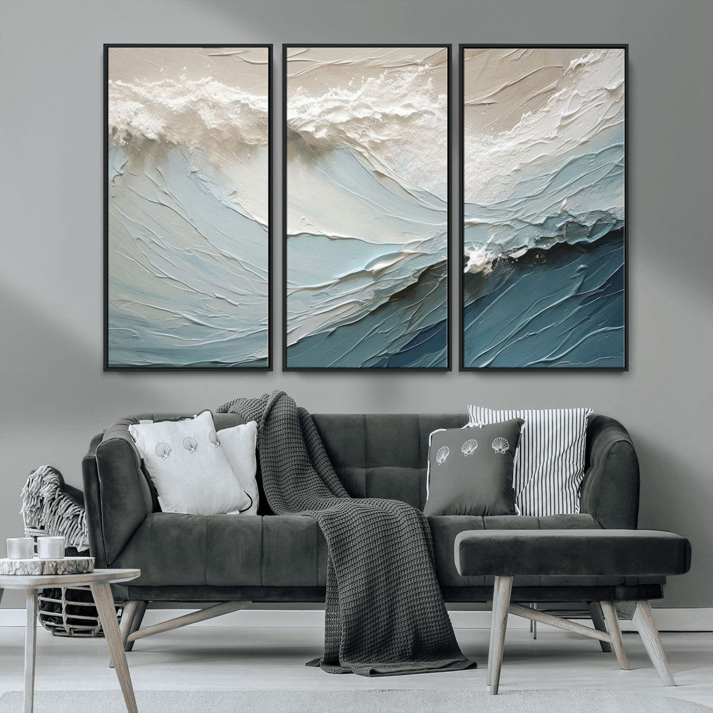 53646-MGV-CV-36X24-Ocean Wave Wall Art Canvas Print, Framed Textured Seascape Art Picture Print, Modern Ocean Perfect Minimal Coastal 2/2 Decor