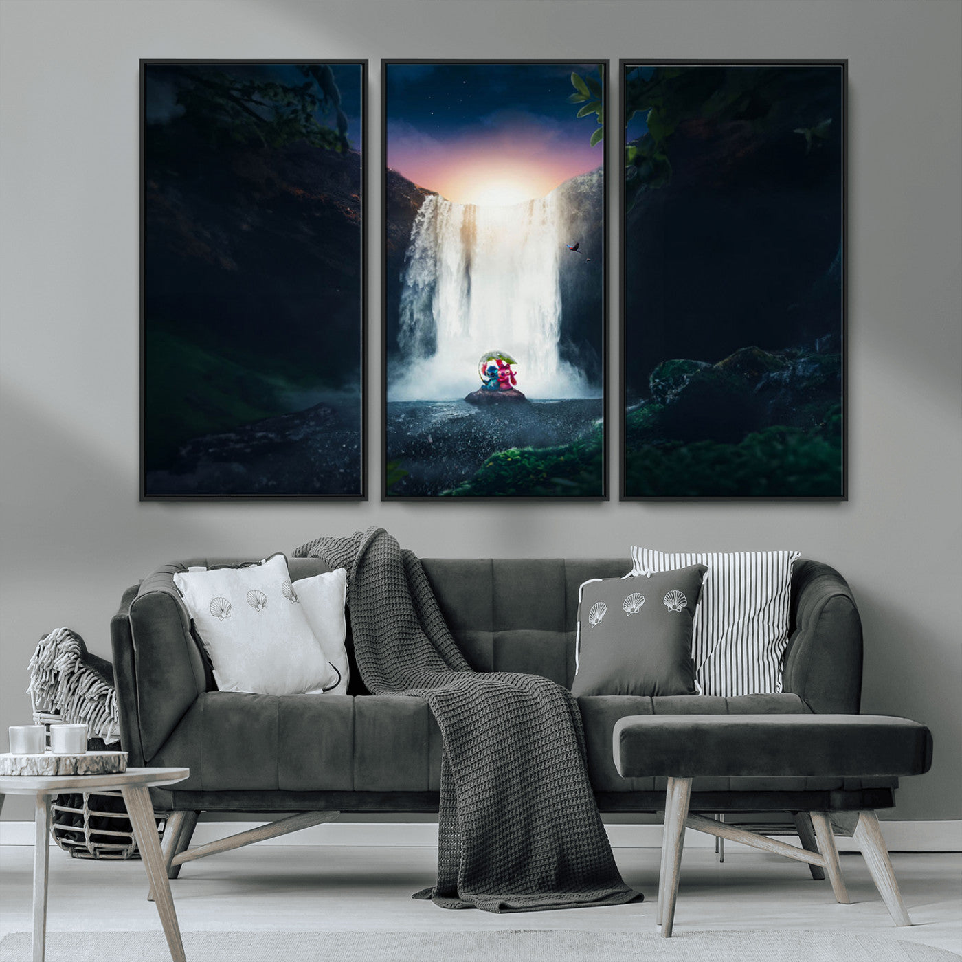 56359-MGV-FC-48X32-3P_Black-Lilo Stitch Wall Art Canvas Print, Framed Stitch Angel Art Picture Print, Cartoon Waterfall Perfect Tropical Fantasy Decor Artwork