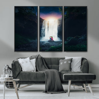 56359-MGV-FC-48X32-3P_Black-Lilo Stitch Wall Art Canvas Print, Framed Stitch Angel Art Picture Print, Cartoon Waterfall Perfect Tropical Fantasy Decor Artwork