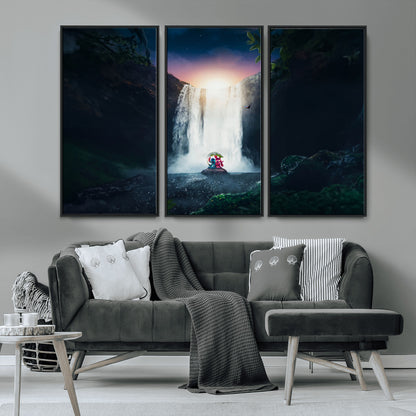 56359-MGV-FC-48X32-3P_Black-Lilo Stitch Wall Art Canvas Print, Framed Stitch Angel Art Picture Print, Cartoon Waterfall Perfect Tropical Fantasy Decor Artwork