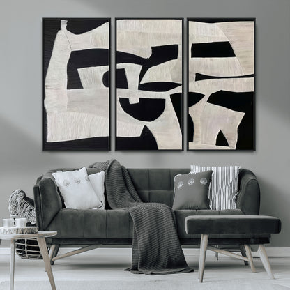 33714-MGV-CV-36X24-Monochrome Design Wall Art Canvas Print, Framed Modern Linework Art Picture Print, Textured Shapes Perfect Monochrome Modern Decor