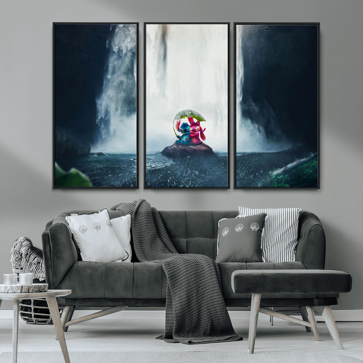 32259-MGV-CV-36X24-Stitch Angel Wall Art Canvas Print, Framed Stitch Waterfall Art Picture Print, Cartoon Couple Perfect Moody Fantasy Decor Artwork
