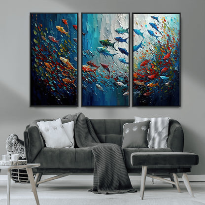 89626-MGV-CV-36X24-Fish Swarm Wall Art Canvas Print, Framed Abstract Ocean Art Picture Print, Underwater Life Perfect Vibrant Coastal Decor Artwork